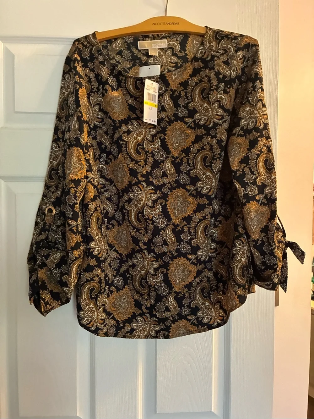 Michael Kors Black Blouse with Gold Paisley Metallic Print
